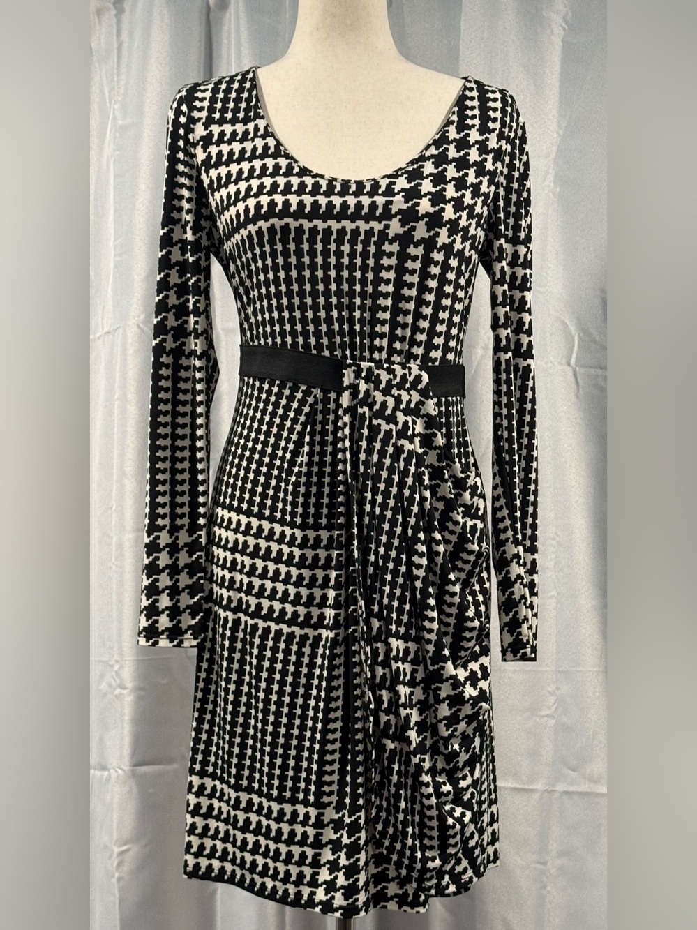 Daisy Fuentes Black and White Houndstooth Long-Sleeve Faux Wrap Dress